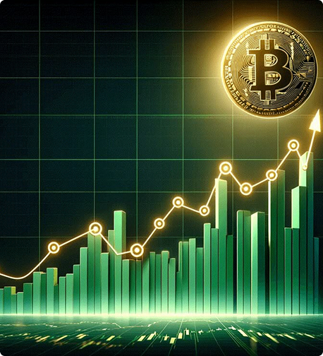 Bitcoin financial chart showing upward trend with green bars and a Bitcoin symbol